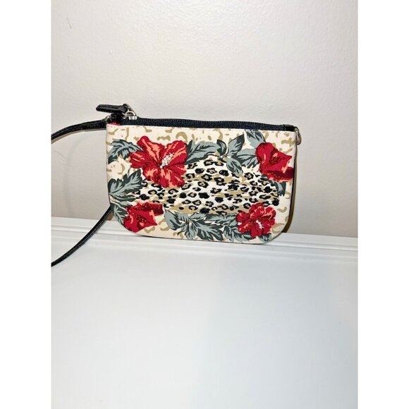 Leopard Animal Print Hibiscus Faux Leather Handle Trim Wristlet Wallet - Picture 1 of 11